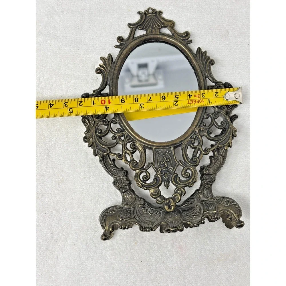 Vtg Ornate Cast Metal Vanity Mirror Tabletop Rococo Victorian Style Brass Finish